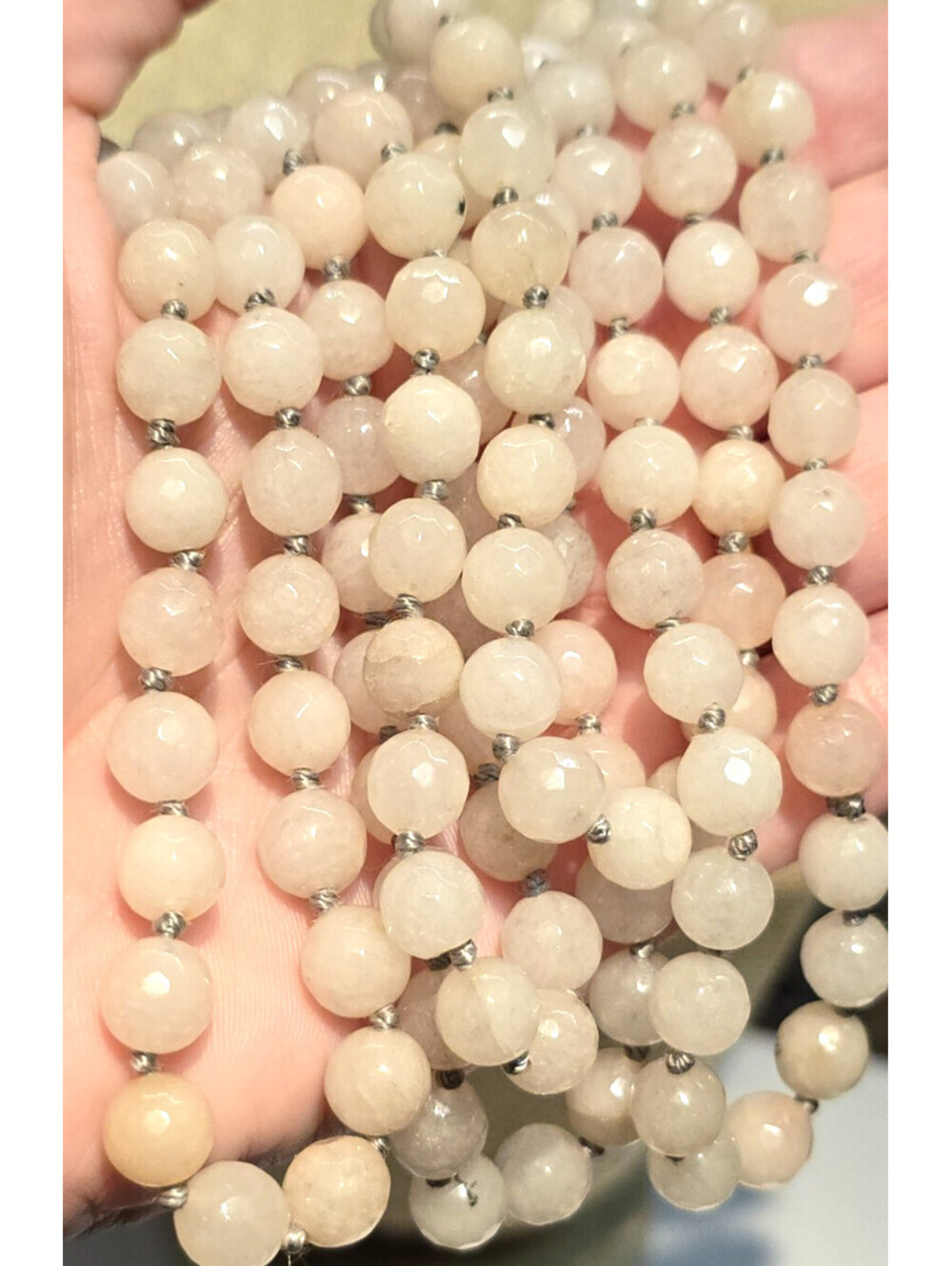 Long 61" Aventurine Bead Necklace Faceted Pale Yellow Pink